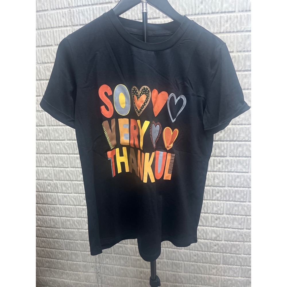 Womens So Very Thankful Graphic T-Shirt Black Heart Print Short Sleeve‎ Small